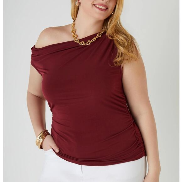 Size 18/20 (a/k/a 2X) | Women’s Off The Shoulder Ruched Mesh Stretchy Knit Top - Picture 1 of 4